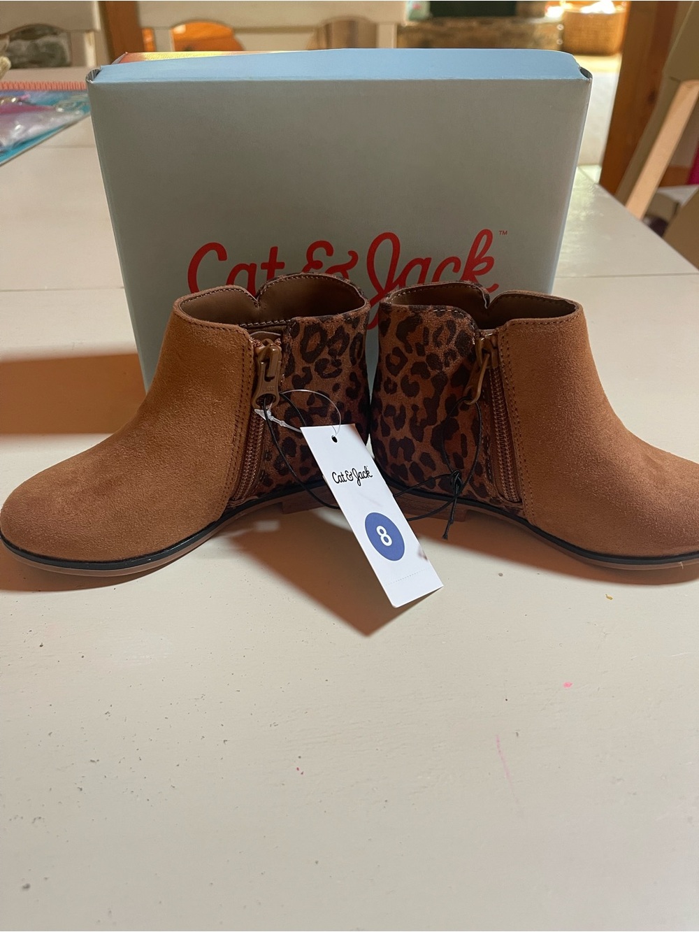 Brand New Cat & Jack Brown Suede-Look Ankle Boots with Leopard Accent